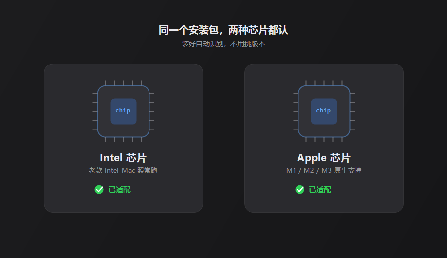 Mac加速器芯片兼容示意，Intel 芯片和 Apple 芯片两张卡片均标注已适配